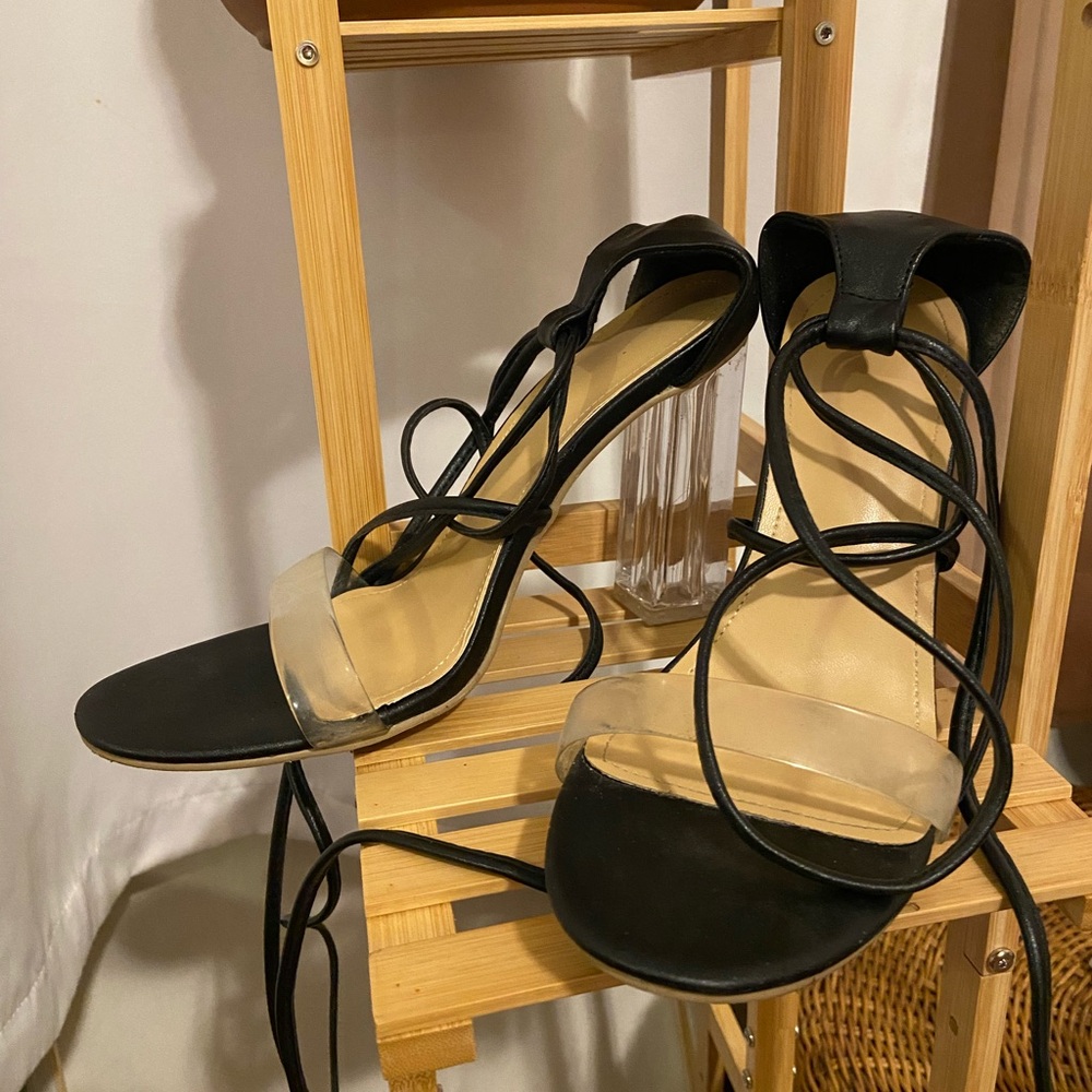 Elegant Black Strappy Women's Block Clear Heels
